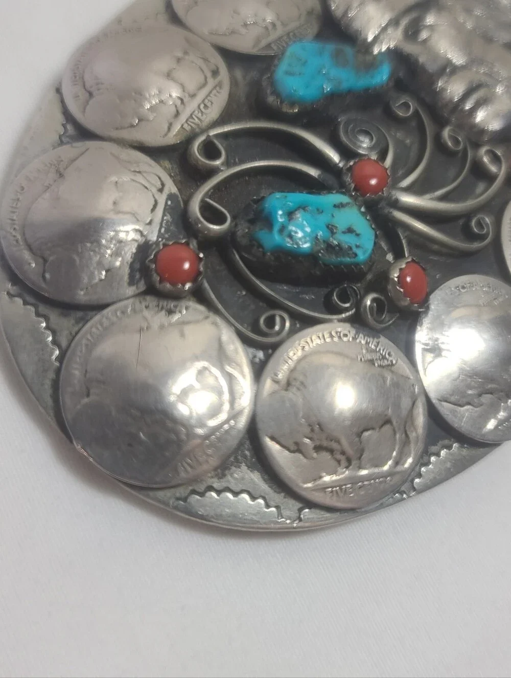 Native American Nickel Silver Turquoise Coral Buffalo Indian Head Belt Buckle